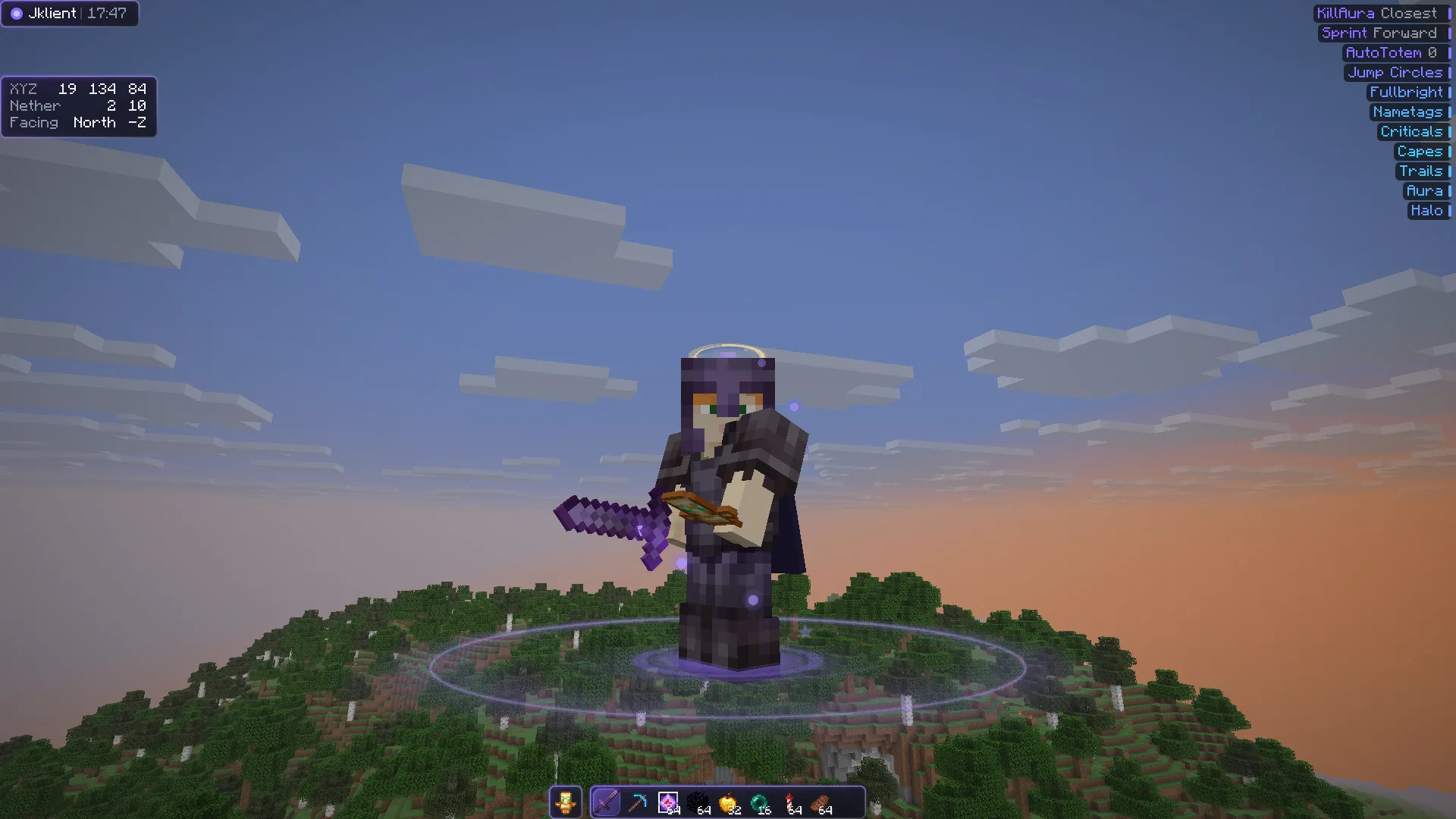 A player in netherite armor on a hilltop with a halo, a cape, a glowing aura and a jump circle on the ground