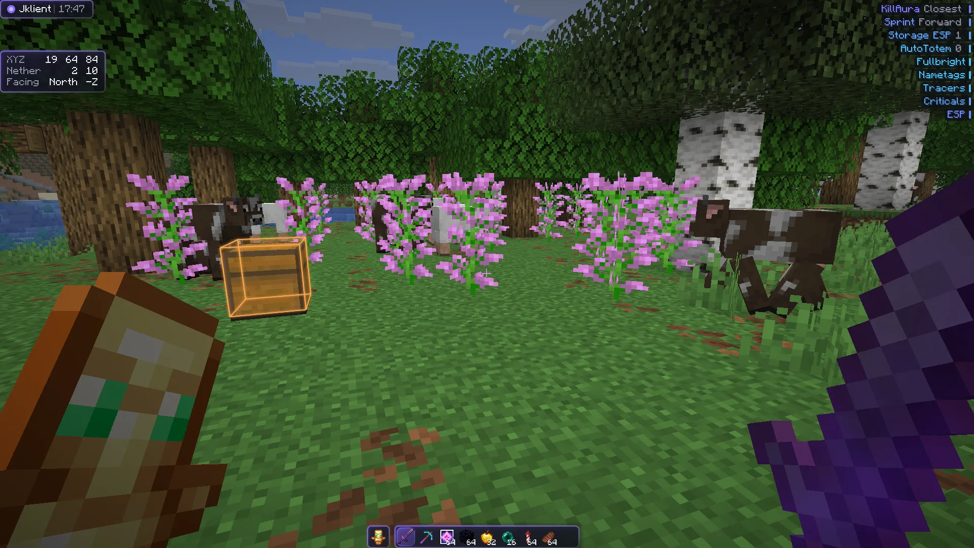 Storage ESP outlining a chest in a meadow, with the module list showing ESP, Tracers and KillAura on