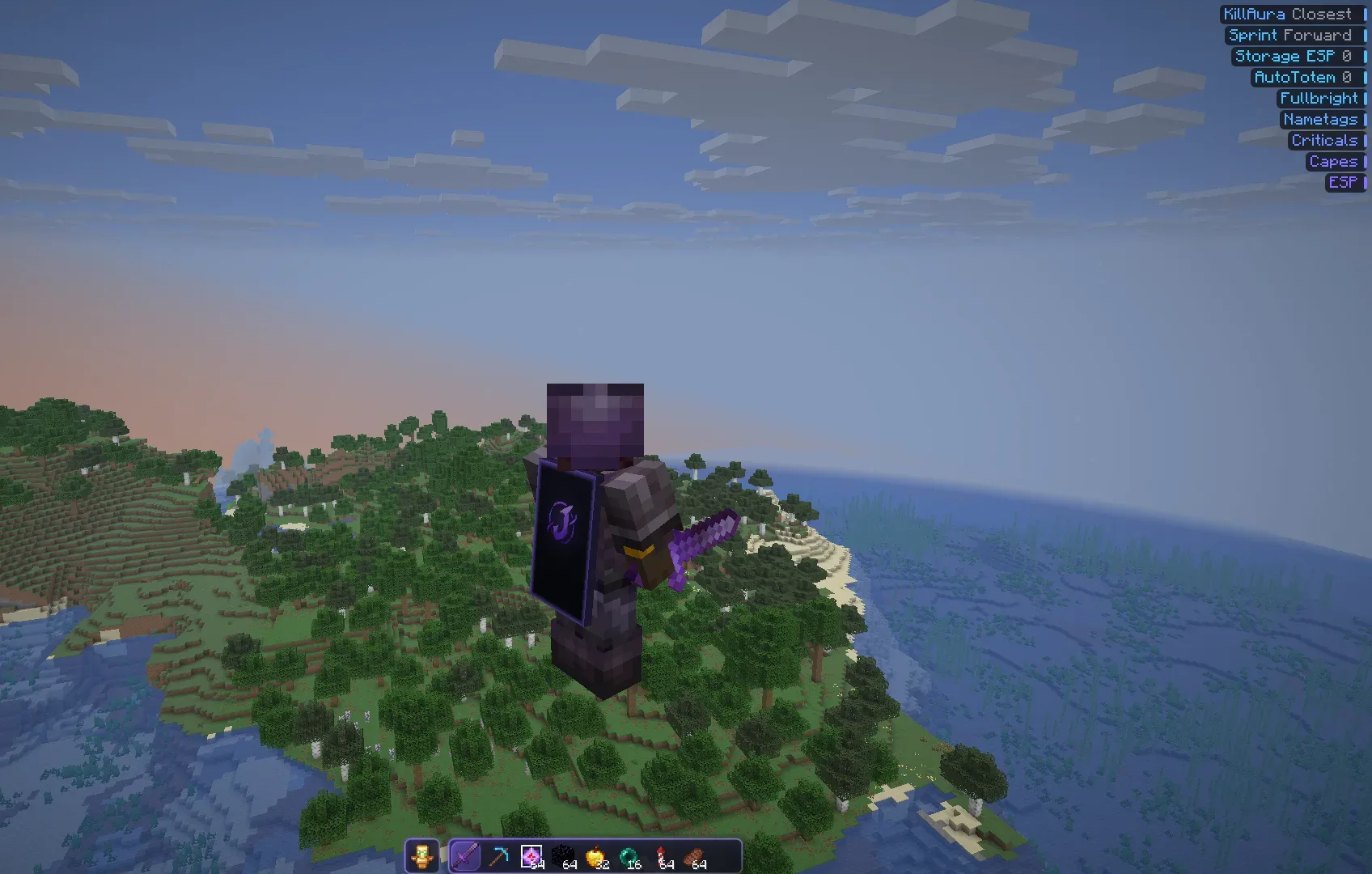 Minecraft at sunset from a hilltop, with Jklient's module list and hotbar on screen