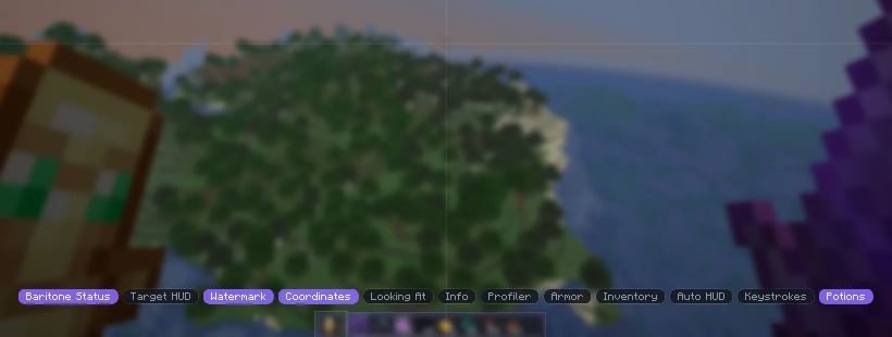 The HUD editor over the blurred game: a row of HUD elements to switch on, above the Custom Hotbar