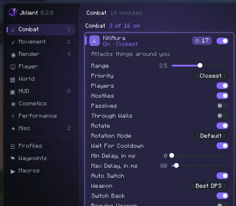 The Jklient menu on the Combat tab with KillAura's settings open