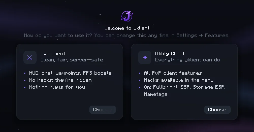 Jklient's first-launch screen: choose PvP Client or Utility Client